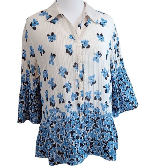 Y2K FASHION BUG Retro Top Blouse Medium Accordion Pleats Flare Floral Bloom Blue - Picture 7 of 8